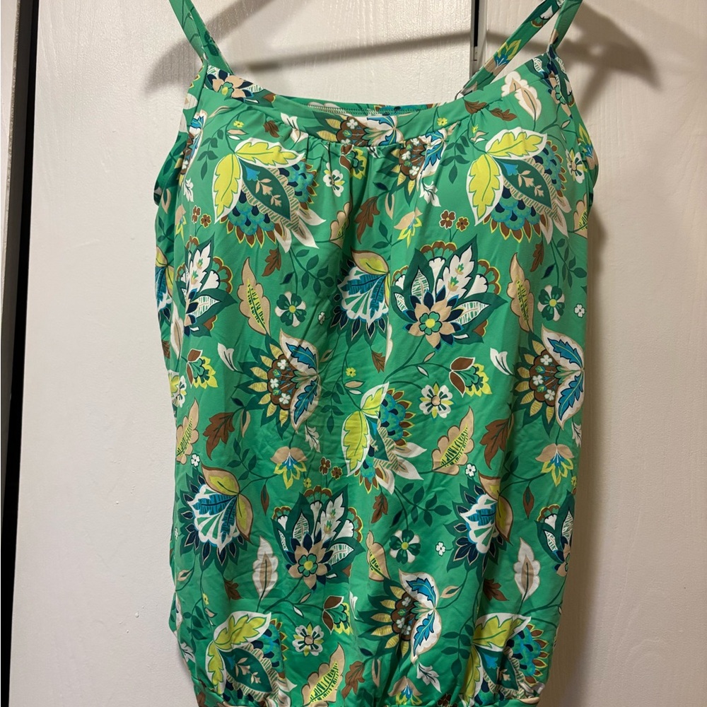 Lands' End Green Floral Spaghetti-Strap swim top